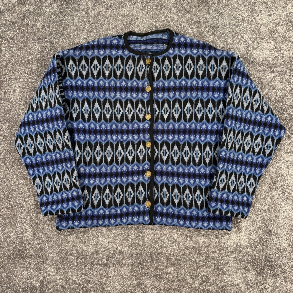 Vintage Jersey Modeller Sweden Blue Wool Fair Isle Cardigan Sweater Women's 40 S
